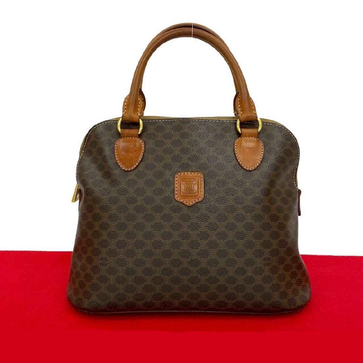 極 美品 CELINE セリーヌ ヴィンテージ マカダム ブラゾン 柄 トリオンフ レザー 本革 ハンドバッグ ミニ ボストンバッグ ブラウン 997-6拍卖