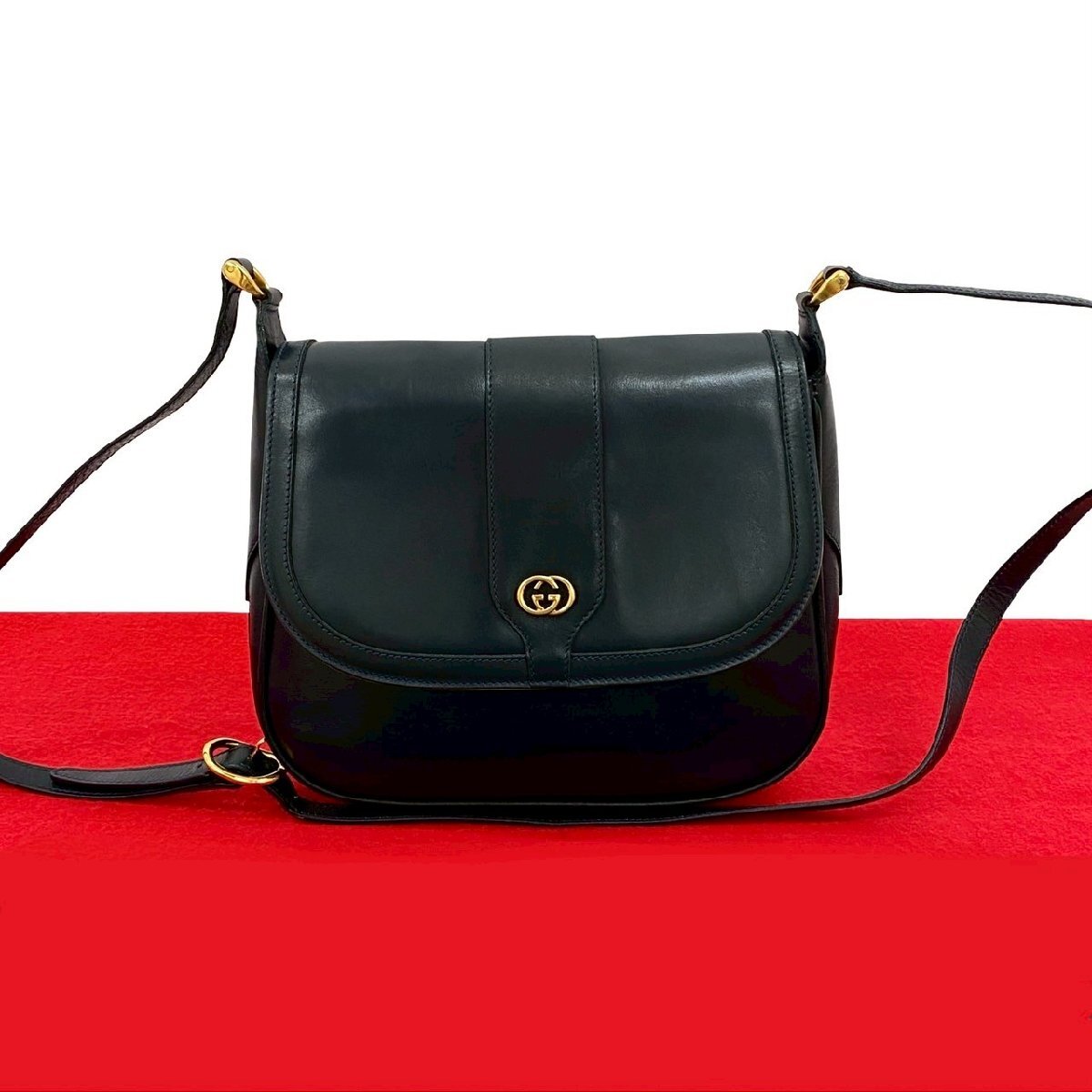 極 美品 GUCCI グッチ オールドグッチ ヴィンテージ GG ロゴ 金具 カーフ レザー 本革 ショルダーバッグ ポシェット ネイビー 99528拍卖