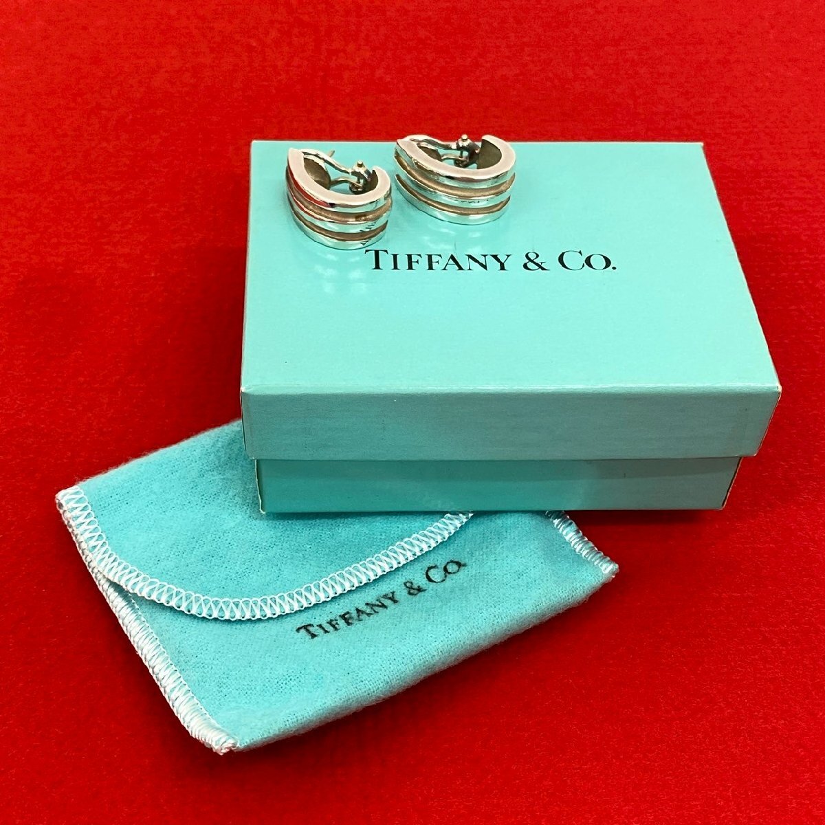 極 美品 箱 袋付 TIFFANY&Co. ティファニー アトラス グループド ダブルライン ハーフフープ ピアス シルバー925 シルバー 19174拍卖