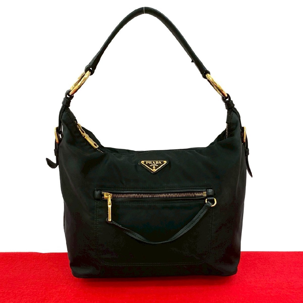 極 美品 PRADA プラダ 三角ロゴ ゴールド 金具 ナイロン レザー 本革 ワンショルダーバッグ セミショルダーバッグ ブラック 47342拍卖