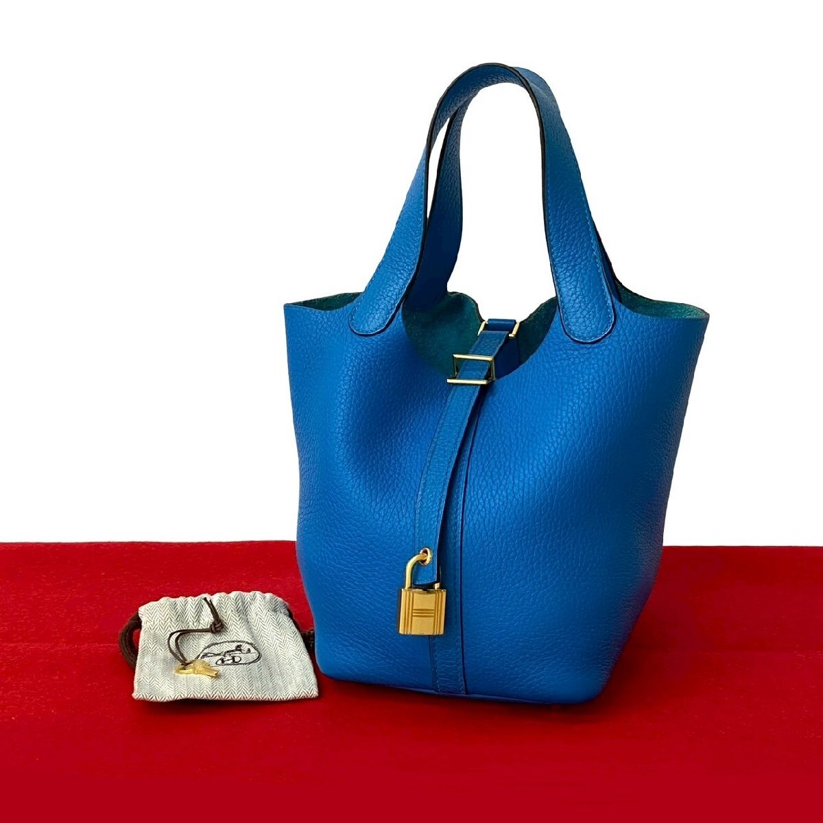 極 美品 A 刻印 鍵付き HERMES エルメス ピコタンロック PM トリヨンクレマンス レザー 本革 ハンドバッグ ミニ トートバッグ ブルー 25492拍卖