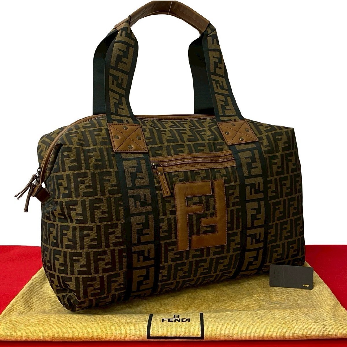 極 美品 袋付き FENDI フェンディ ヴィンテージ ズッカ FF 柄 レザー 本革 ナイロン トートバッグ ボストンバッグ ブラウン 55089拍卖