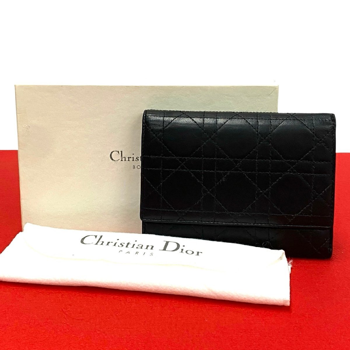 極 美品 箱 袋付 Christian Dior クリスチャンディオール カナージュ レザー 本革 三つ折り 財布 ウォレット 札入れ 小銭入れ 黒 73237拍卖