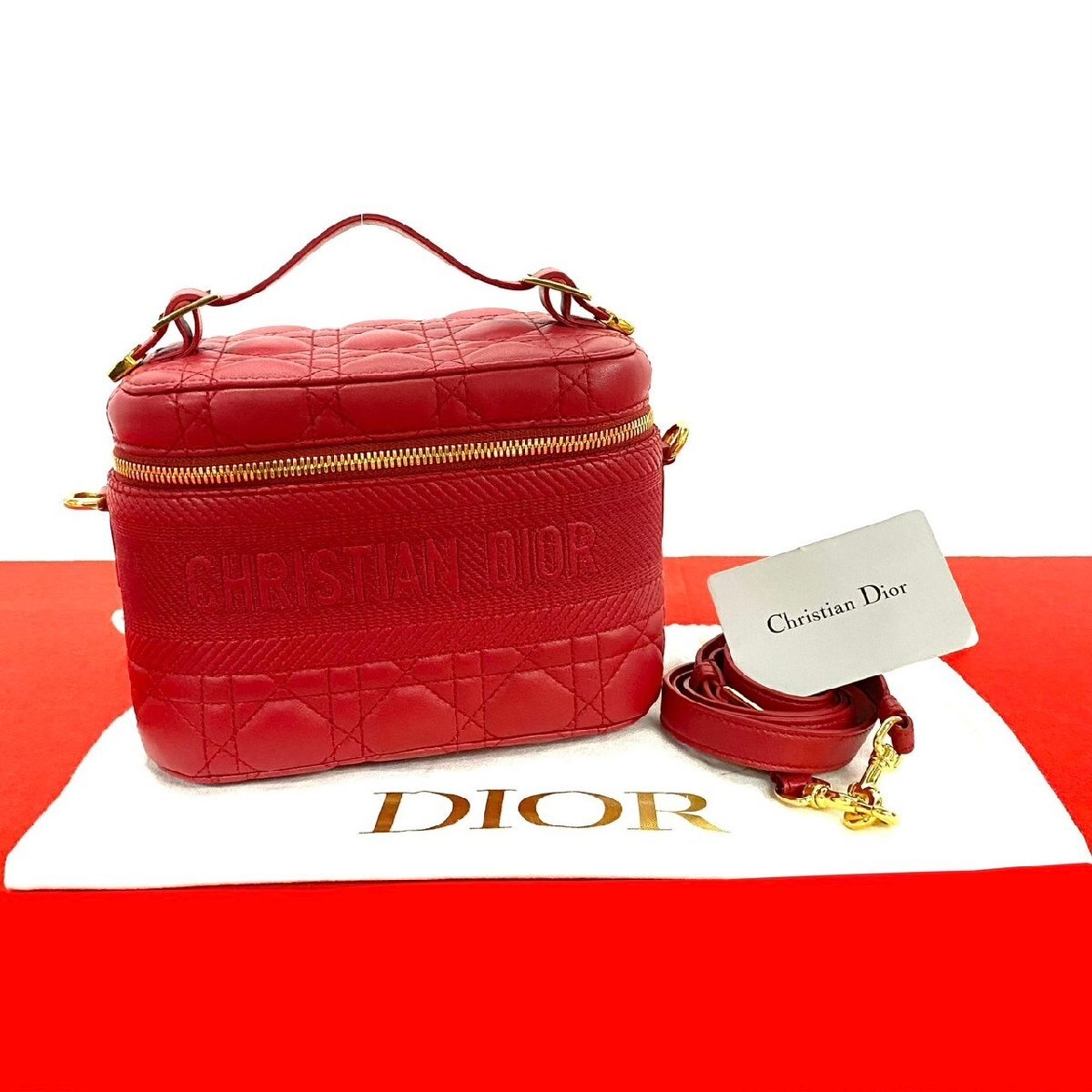 ほぼ未使用 Christian Dior ディオールトラベル スモール レザー 本革 2way ハンドバッグ バニティバッグ ショルダーバッグ レッド 966-7拍卖