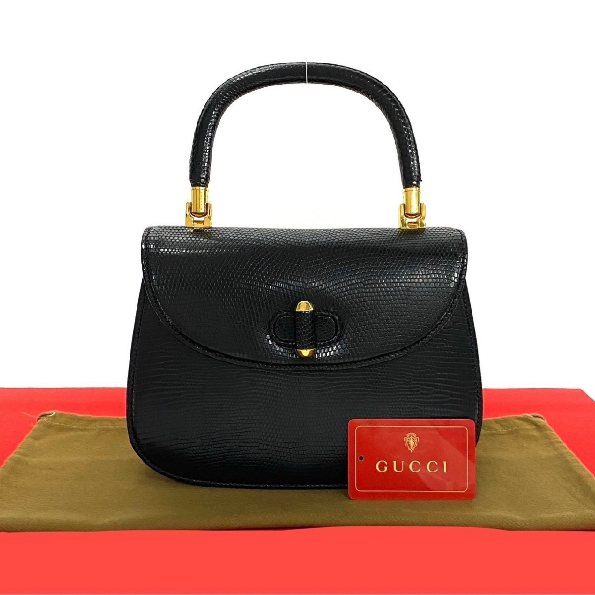 極 美品 GUCCI オールドグッチ ヴィンテージ リザード レザー 本革 ターンロック ハンドバッグ ミニ トートバッグ ブラック 黒 93949拍卖