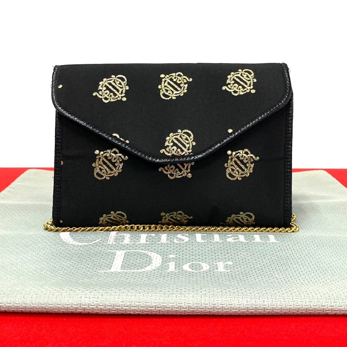 ほぼ未使用 Christian Dior クリスチャン ディオール ヴィンテージ サテン キャンバス チェーン ショルダーバッグ ポシェット 黒 73257拍卖