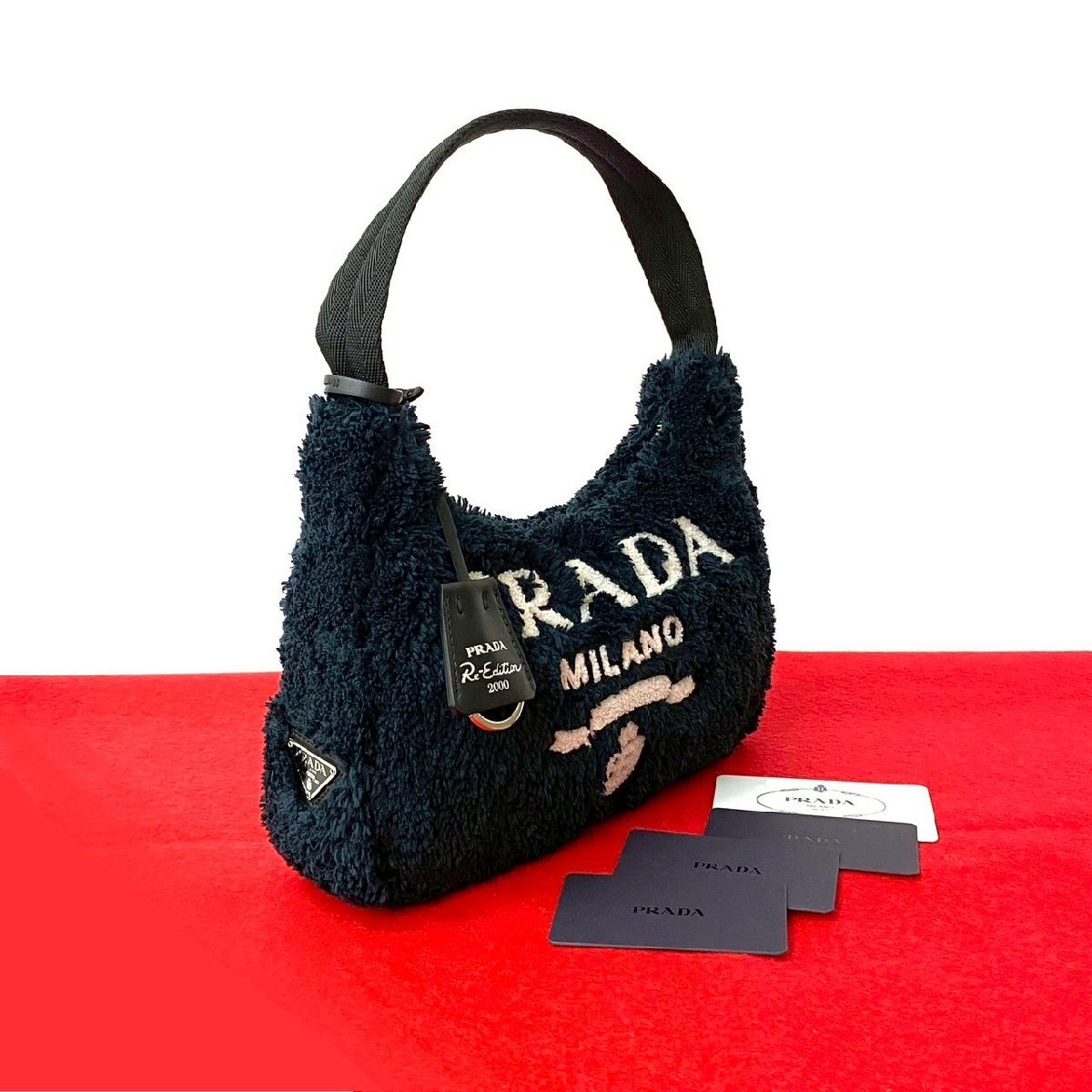 極 美品 PRADA プラダ Re-Edition テリー ミニ 三角ロゴ 金具 パイル ミニ ハンドバッグ ワン ショルダーバッグ ポーチ ブラック 06923拍卖