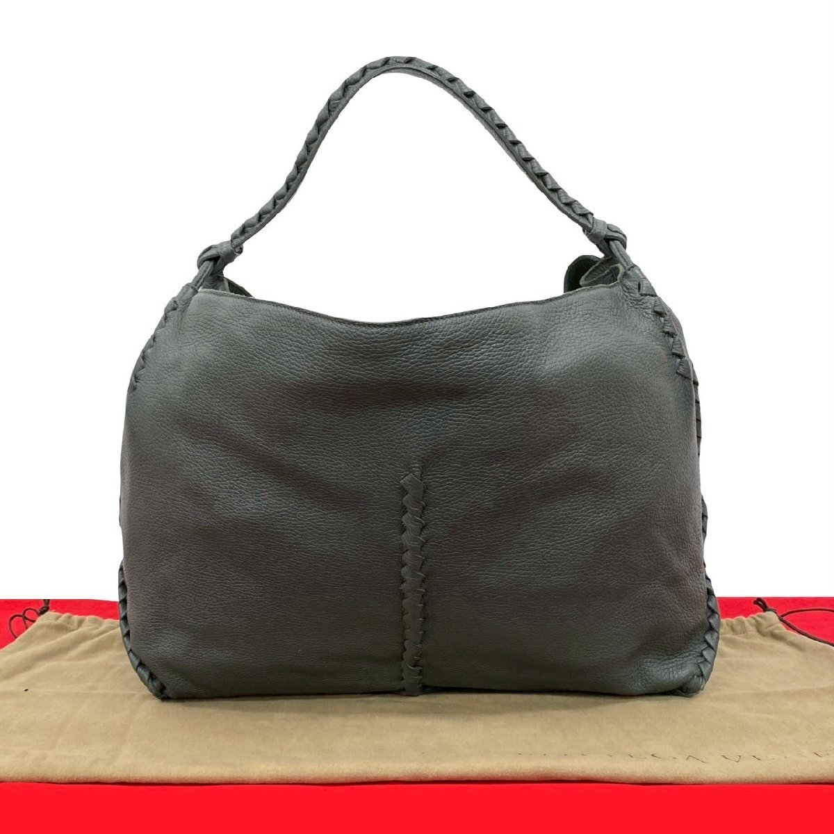 極 美品 袋付 BOTTEGA VENETA ボッテガヴェネタ イントレチャート レザー 本革 トートバッグ セミ ショルダーバッグ グレー 1035-4拍卖