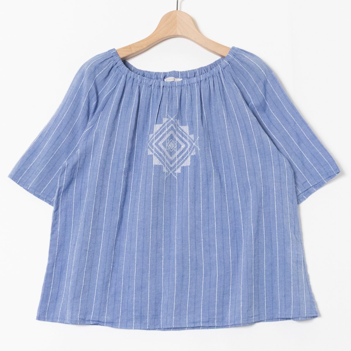 メール便◯ Do!family トップス ドゥファミリー 半袖ブラウス ストライプ ブルー 刺繍 ナチュラル コットン100% 夏 M レディース 日本製拍卖