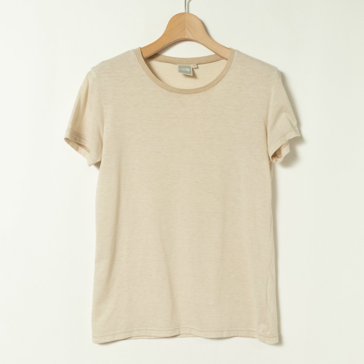 メール便◯ THE NORTH FACE ザノースフェイス レディース ショートスリーブ ダクロン クルーネック Tシャツ ボーダー ベージュ×白 サイズM拍卖