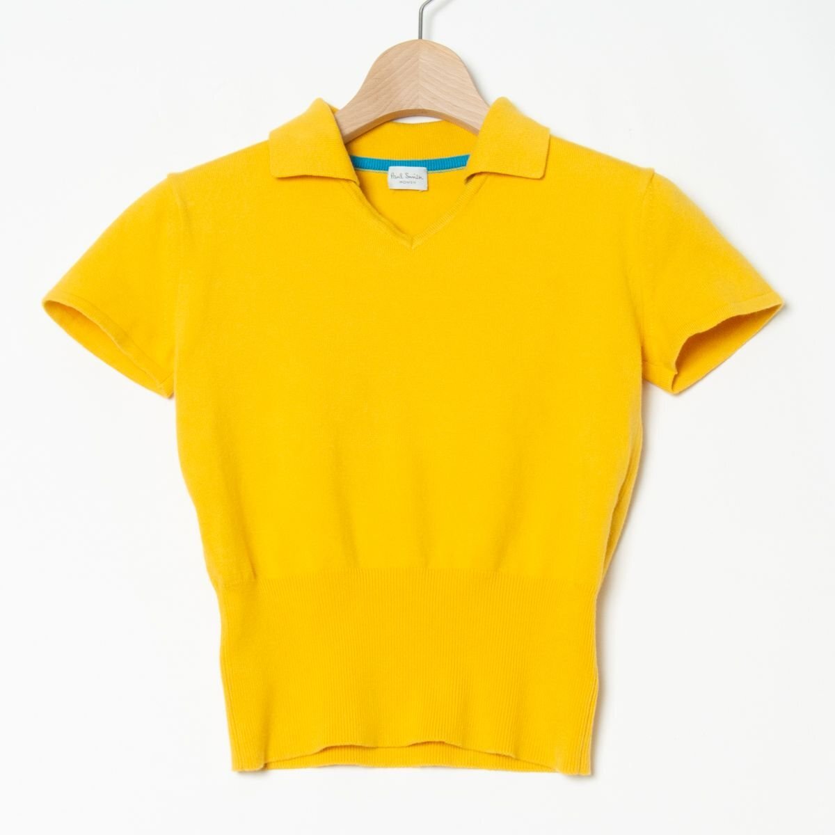 メール便◯ Paul Smith WOMEN ポールスミス 衿付き半袖セーター ニット トップス 綿ナイロン ショート丈 小さめ 黄色 イエロー M 春夏 無地拍卖