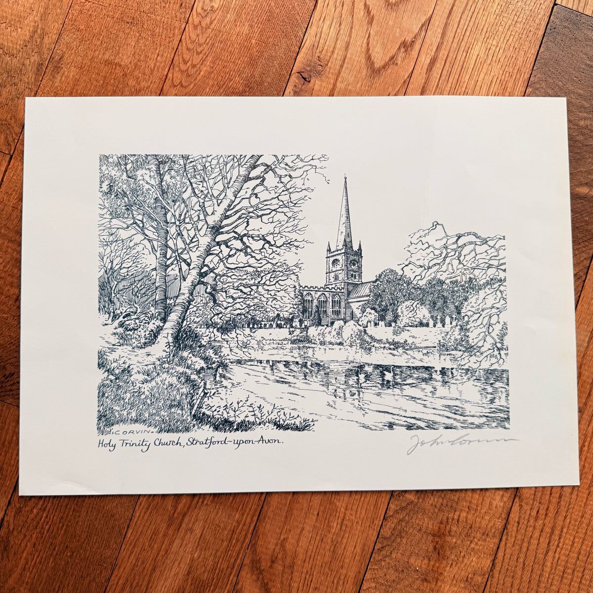 ジョンコーヴィン JohnCorvin 版画 リトグラフ イギリス シェイクスピア 教会 風景 クラシック デザイン ストラトフォードアポンエイヴォン拍卖
