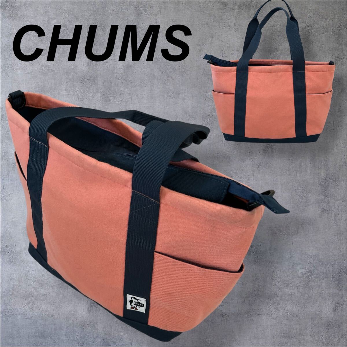CHUMS チャムス トートバッグ ショルダー ファスナー ジップ ロゴ アウトドア サーモンピンク×ネイビー系 (H033)★拍卖