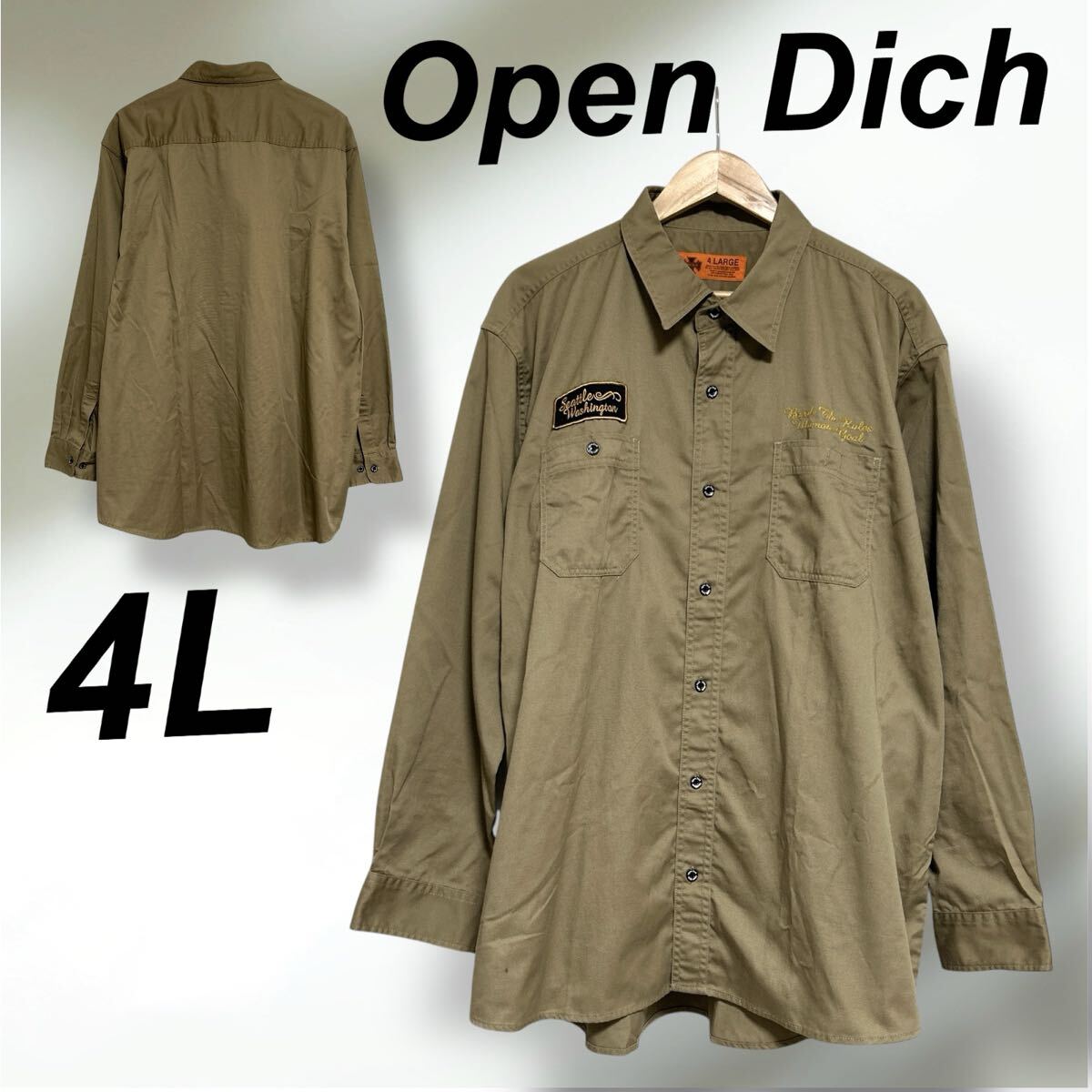 Open Dich オープンディッチ メンズ ミリタリーシャツ 4L 大きいサイズ 長袖シャツ ワッペン カーキ系 (H036)★拍卖