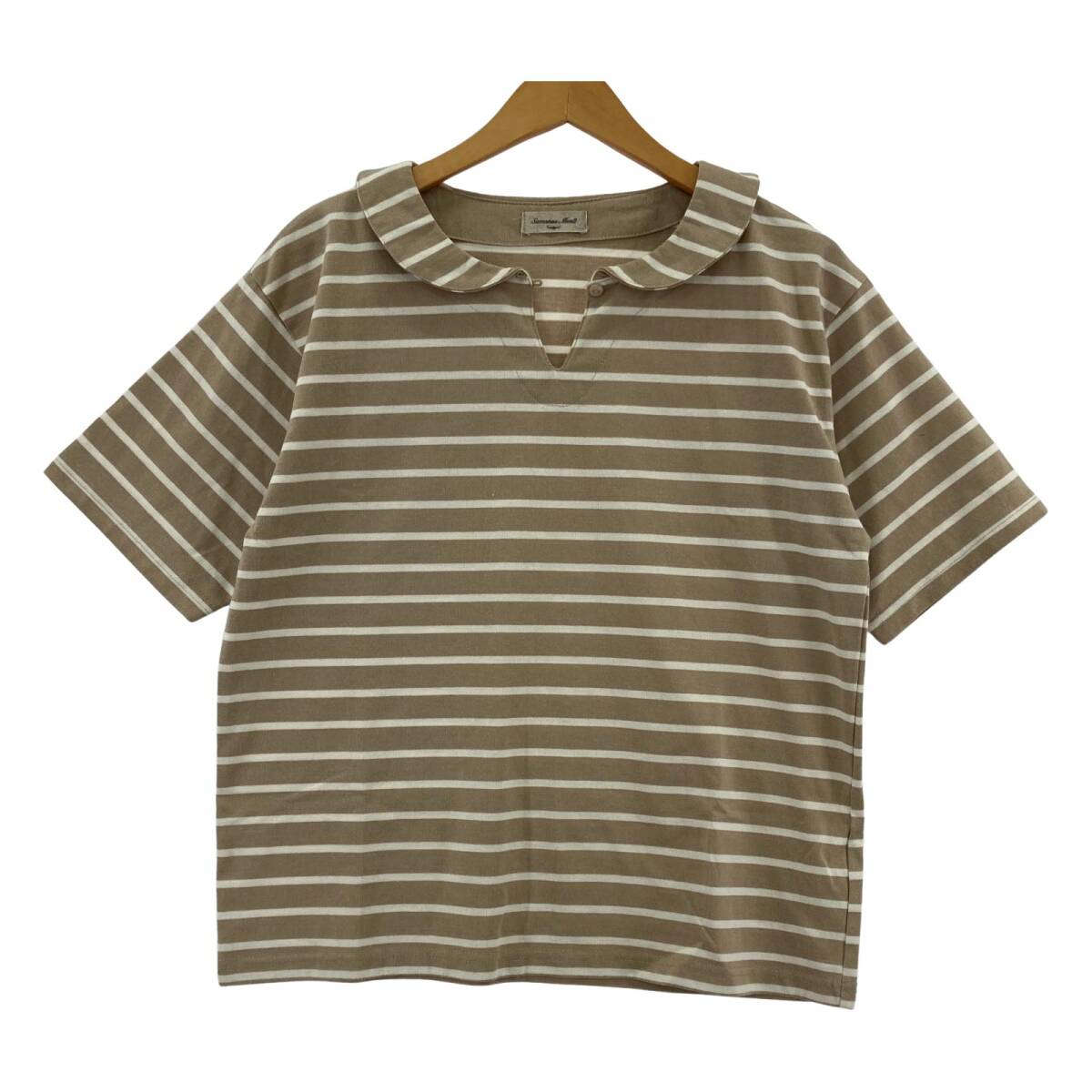 Samansa Mos2 サマンサモスモス ボーダー ちび衿 半袖Tシャツ sizeF/ベージュ×ホワイト拍卖