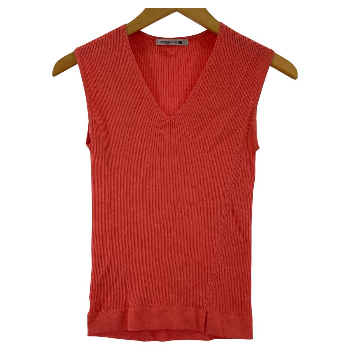 Viaggio Blu ビアッジョブルー フレンチスリーブ Vネック リブ ニット size2/サーモンピンク ゆうパケットOK拍卖
