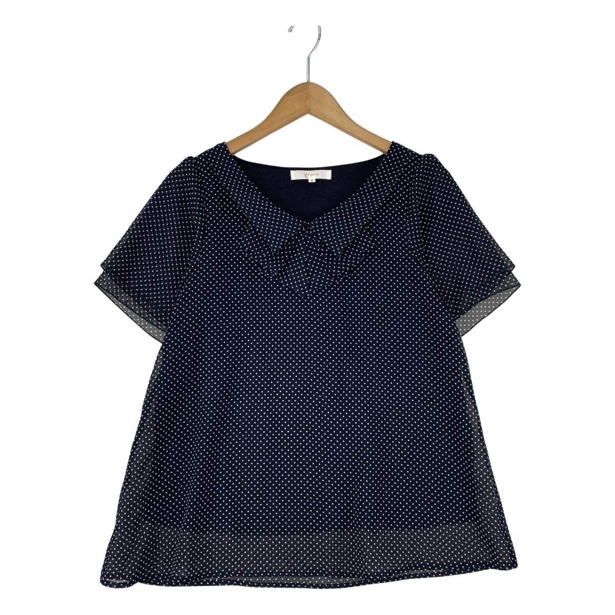 grove グローブ ドット ブラウス sizeM/ネイビー×ホワイト ゆうパケットOK拍卖