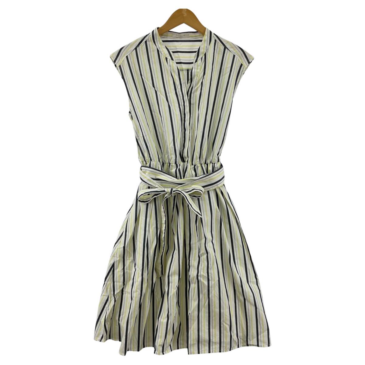 AG by aquagirl バイ アクアガール ストライプ ウエストリボン フレア ワンピース sizeM/ホワイト×イエロー×ネイビー系拍卖