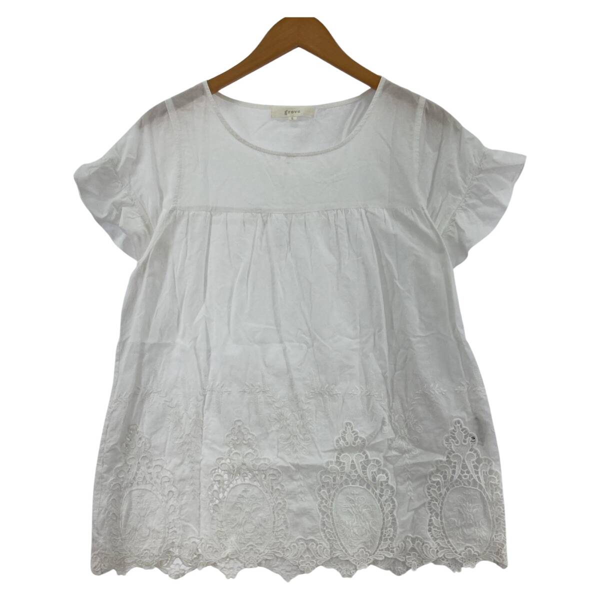grove グローブ カットワーク フレンチスリーブ カットソー sizeL/ホワイト ゆうパケットOK拍卖