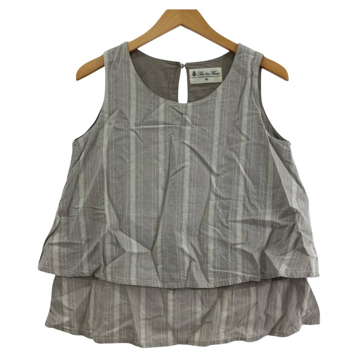 The 1st.Floor ザファーストフロアー 麻混 ストライプ ノースリーブ カットソー size36/グレー系 ゆうパケットOK拍卖
