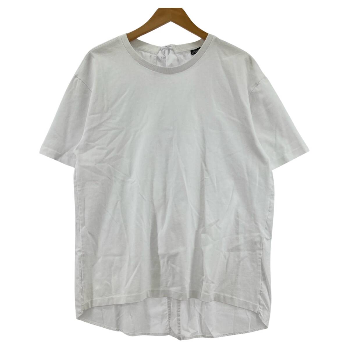 ZARA ザラ バックリボン 異素材 ワイドシルエット カットソー sizeEUR M/ホワイト ゆうパケットOK拍卖