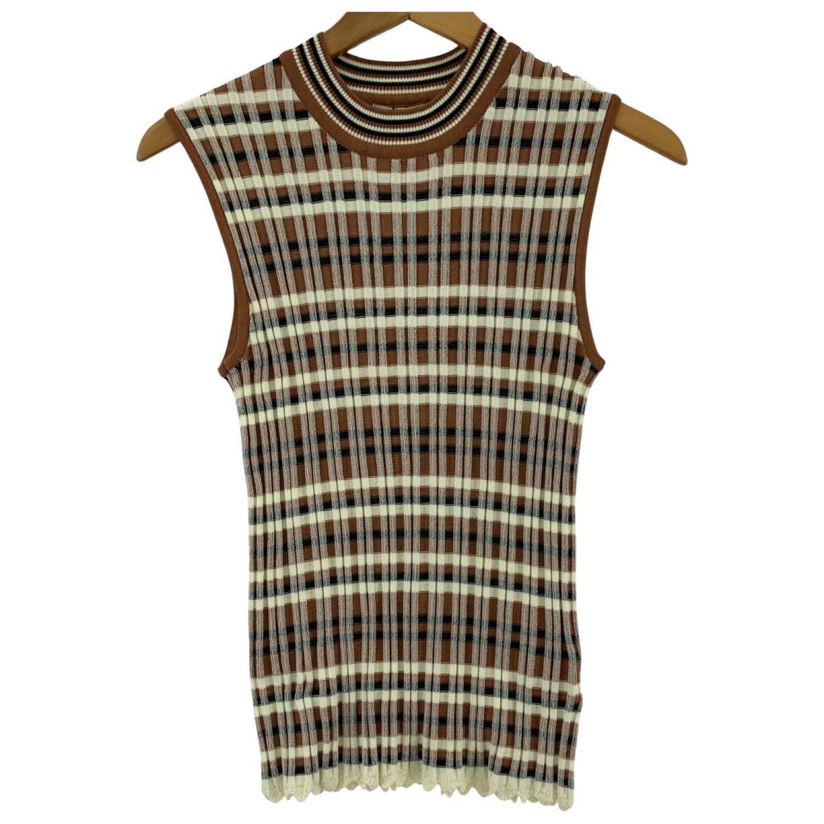 FREES MART フリーズ マート チェック柄 ノースリーブ ニット カットソー sizeFR/ライトブラウン×アイボリー×ブラック ゆうパケットOK拍卖
