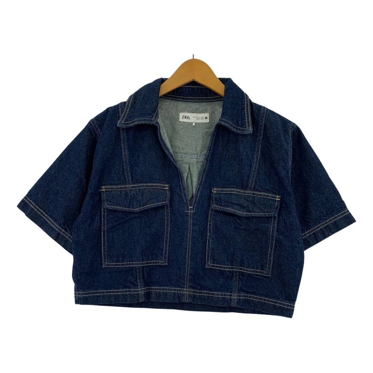 ZARA ザラ スキッパーカラー デニム クロップド 半袖シャツ sizeEUR M/インディゴ拍卖