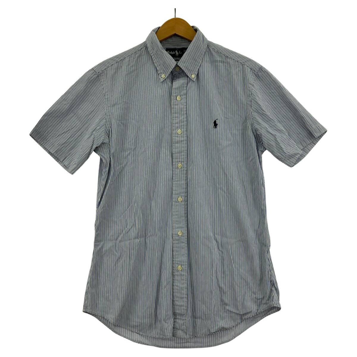 Ralph Lauren ラルフローレン ストライプ 刺繍 半袖シャツ sizeM/ライトブルー×ホワイト×ブラック ゆうパケットOK拍卖
