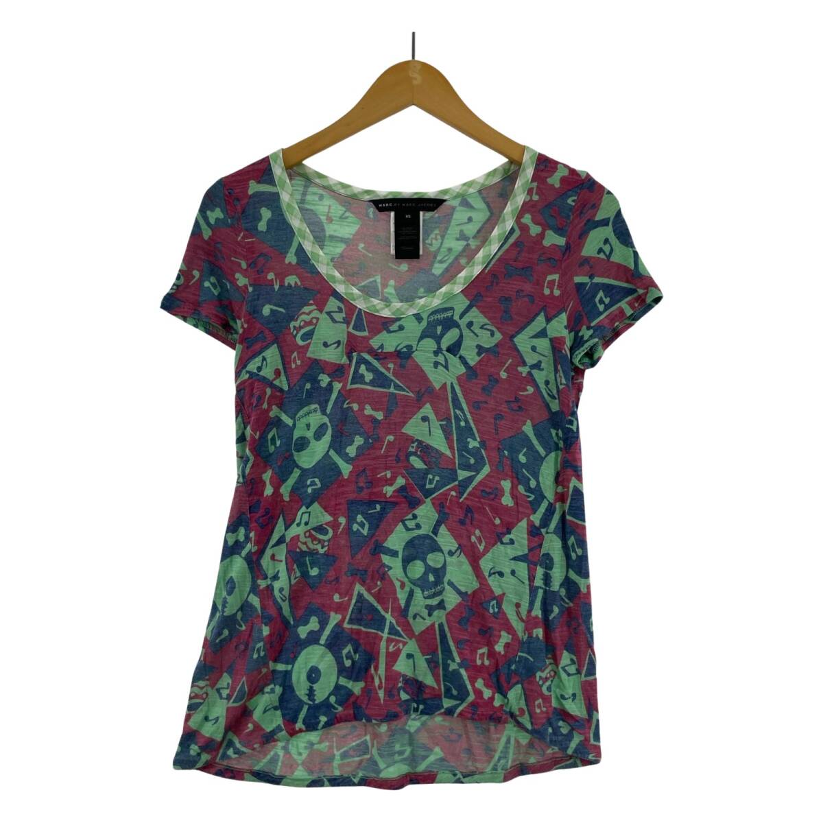 MARC BY MARCJACOBS マークバイマークジェイコブス 総柄 フレンチスリーブ カットソー sizeXS/黄緑×紺×ピンク系 ゆうパケットOK拍卖