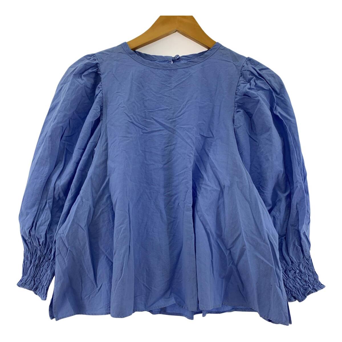 NATURAL BEAUTY BASIC ナチュラルビューティーベーシック 七分袖 シャーリング ブラウス sizeM/ライトブルー系 ゆうパケットOK拍卖