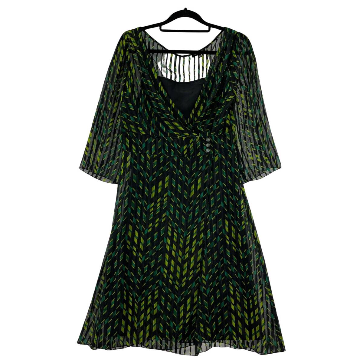 INDIVI インディヴィ 総柄 シアー カシュクール ペチコート付き ワンピース size40/ブラック×グリーン ゆうパケットOK拍卖