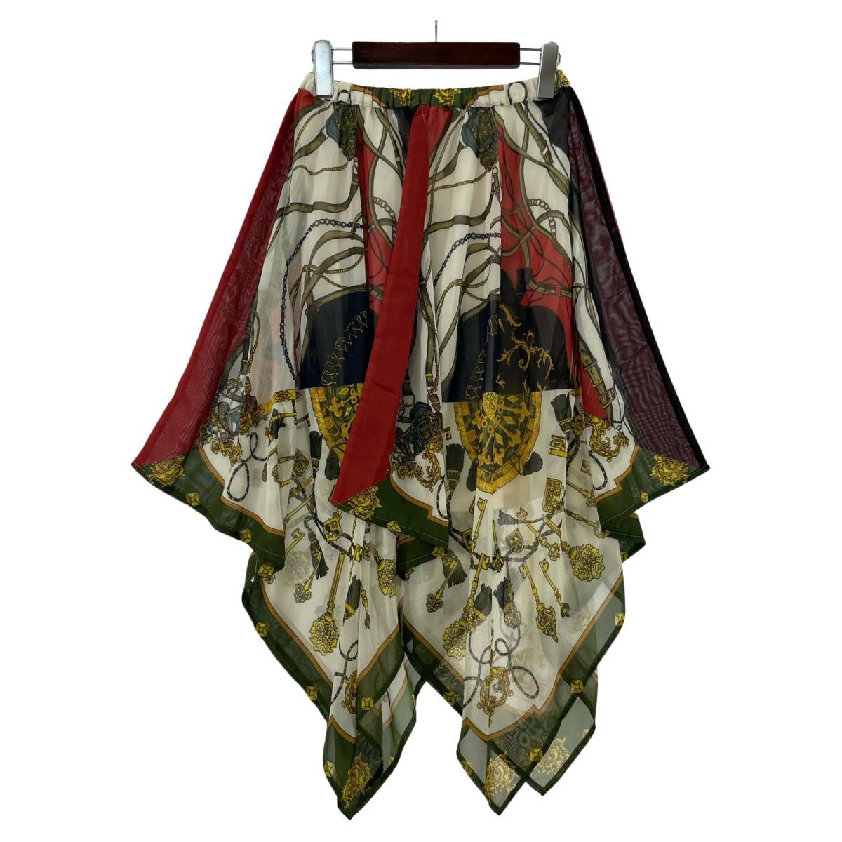 AS KNOW AS アズノウアズ スカーフ イレギュラーヘム フレア スカート size*/アイボリー×グリーン×レッド拍卖