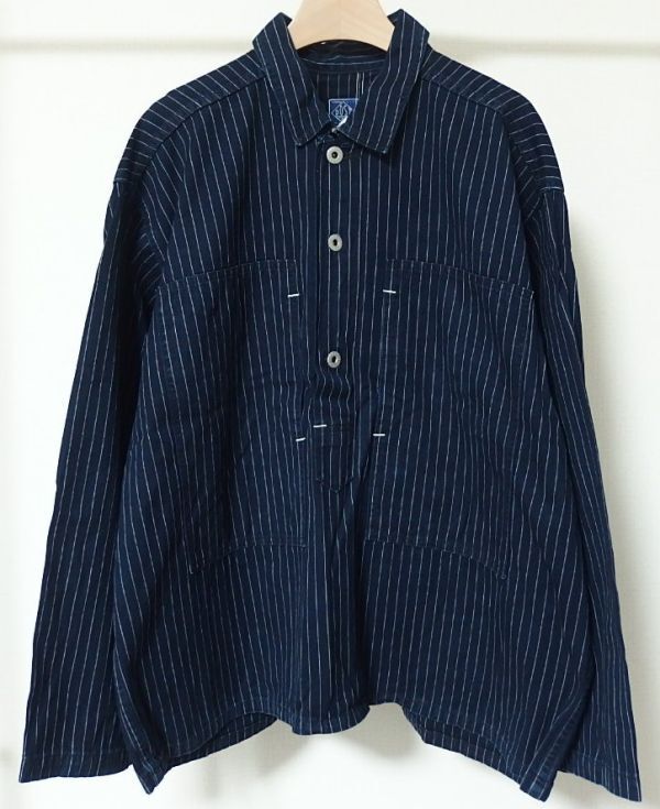21SS POST O'ALLS OVERALLS ポスト オーバーオールズ 1204-IS ARMY Shirt Gangster stripe indigo アーミー シャツ L プルオーバー拍卖
