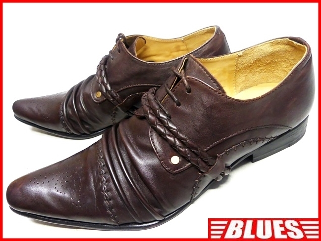即決★Gentile★25cm レザーレースアップシューズ ジエンティーレ 40 メンズ 茶 ブラウン 本革 ドレス 本皮 ヒール 革靴 シワ加工 ベルト拍卖