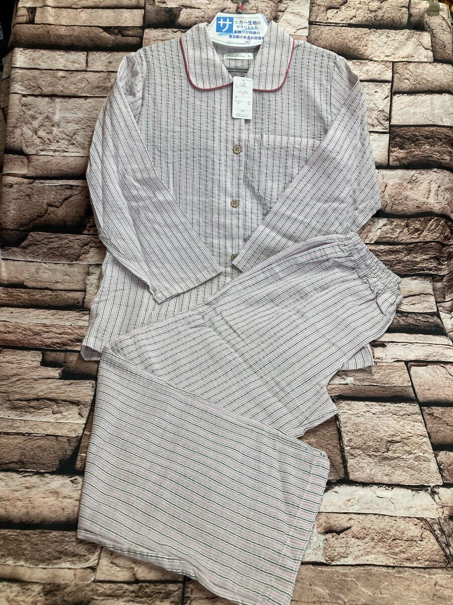 送料無料!サッカー生地のサラリとした肌触り&清涼感!ストライプ柄 長袖 綿混レディースパジャマ(画像から)1組拍卖