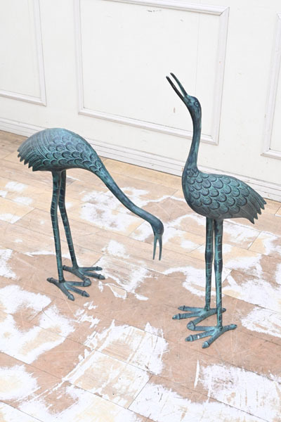 IF04 超美品 鶴置物 オブジェ 庭置物 庭園置物 鶴飾り物 2体 2羽 ペア 材質不明拍卖