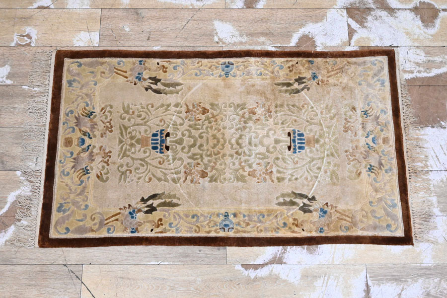 QE111 手織り ハンドメイド シルク 絹 100% 段通 壁飾り 玄関マット拍卖