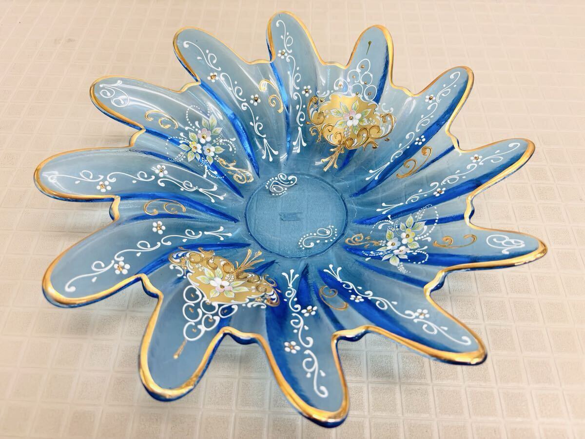 ♪ ベネチアン グラス 皿 青 金彩 器 ヴィンテージ 花柄拍卖