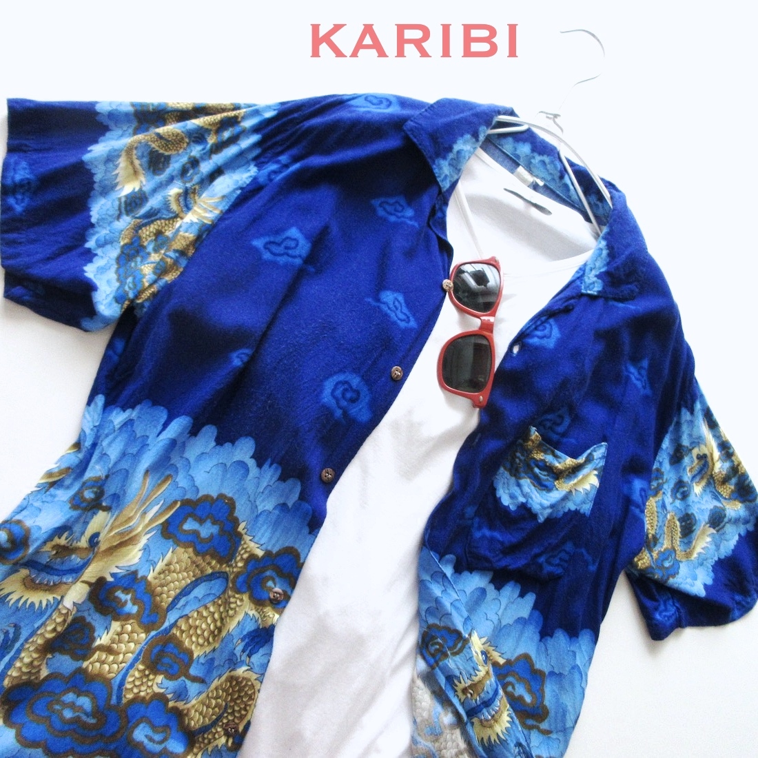 【KARIBI カリビアン】オープンカラー レーヨン アロハシャツ!! (龍 ドラゴン 開襟シャツ)拍卖