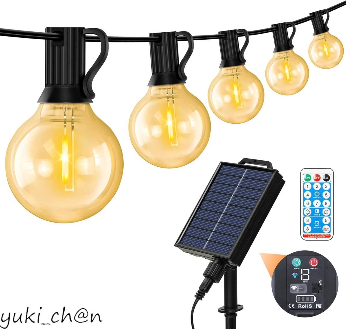 ストリングライト ソーラー 11.5m 防水 夜間自動点灯 17個LED電球 G40 E12口金 電球色 PC素材 破損しにくい 8種点灯モード拍卖