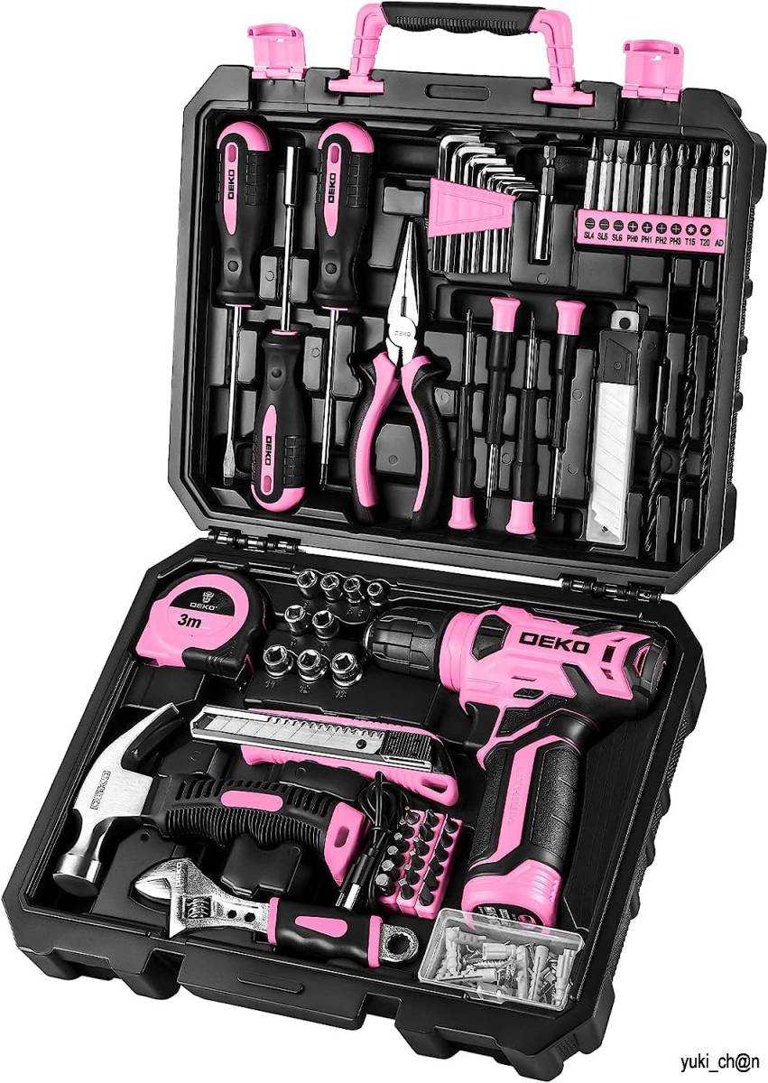 8V電動ドリル付き 工具セット 126点組 ピンク DIYセット ホームツールセット 家庭用 ツールセット 日曜大工 便利な収納ケース付き拍卖