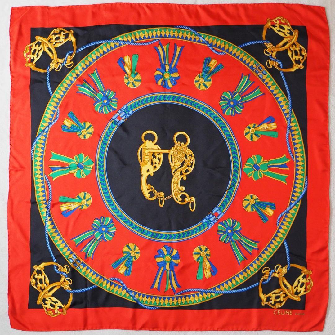 イタリア製 セリーヌ CELINE 高級シルク100% スカーフ 大判 レッド拍卖