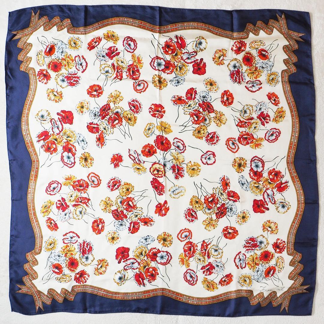 高級シルク100% スカーフ 大判 from nil 花柄 アイボリー ネイビー拍卖