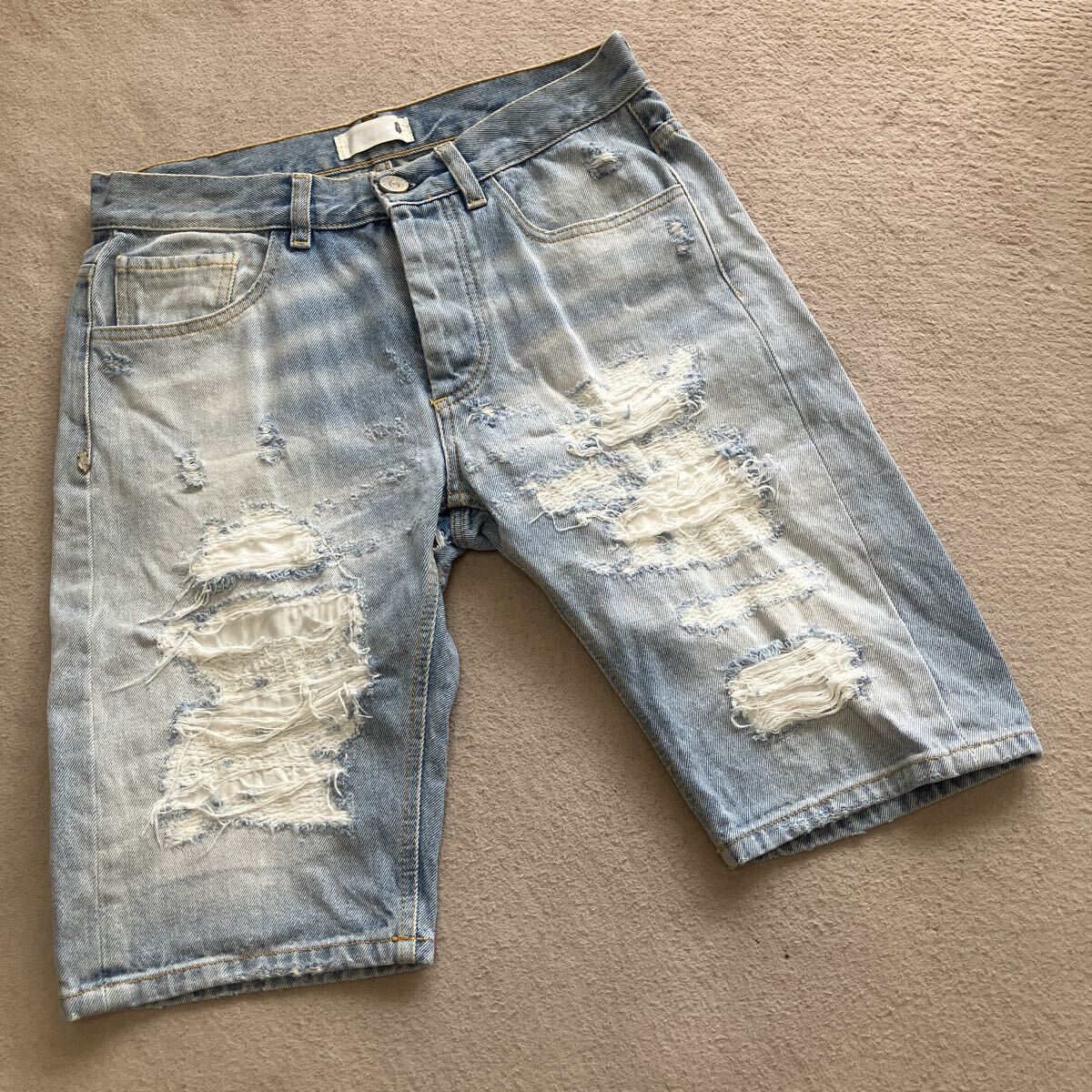 P.M.D.S. PREMIUM MOOD DENIM SUPERIOR ピーエムディーエス ハーフデニム クラッシュ ダメージ加工 ウォッシュ サイズ30 美品 イタリア製拍卖