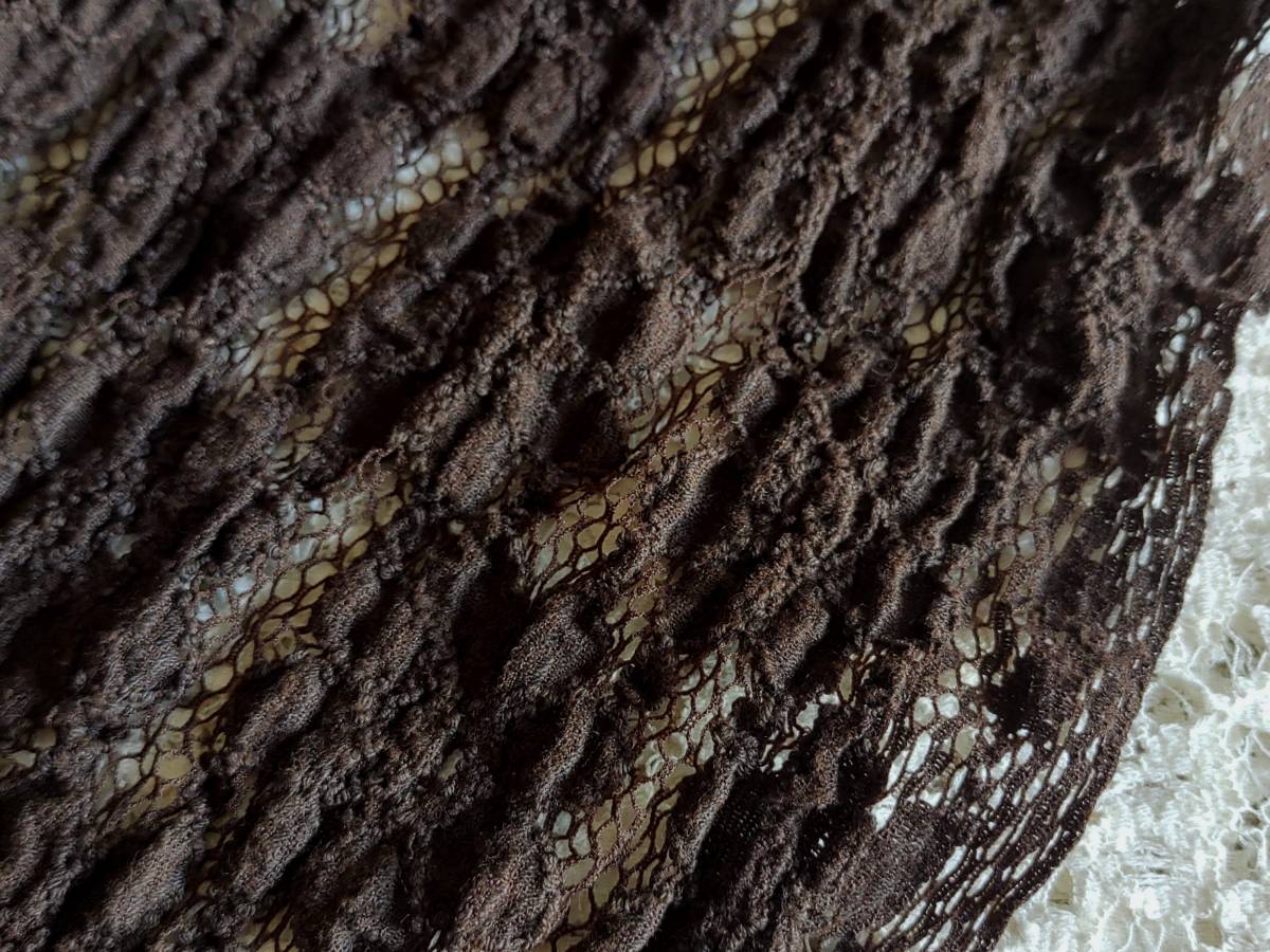 2m 花柄凸凹ストレッチレース★焦げ茶 ダークブラウン 巾86~89 はぎれ拍卖