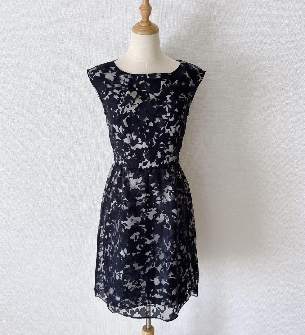 ANAYI フラワープリント レイヤード フレア ワンピース 花柄 M フレンチスリーブ ネイビー拍卖