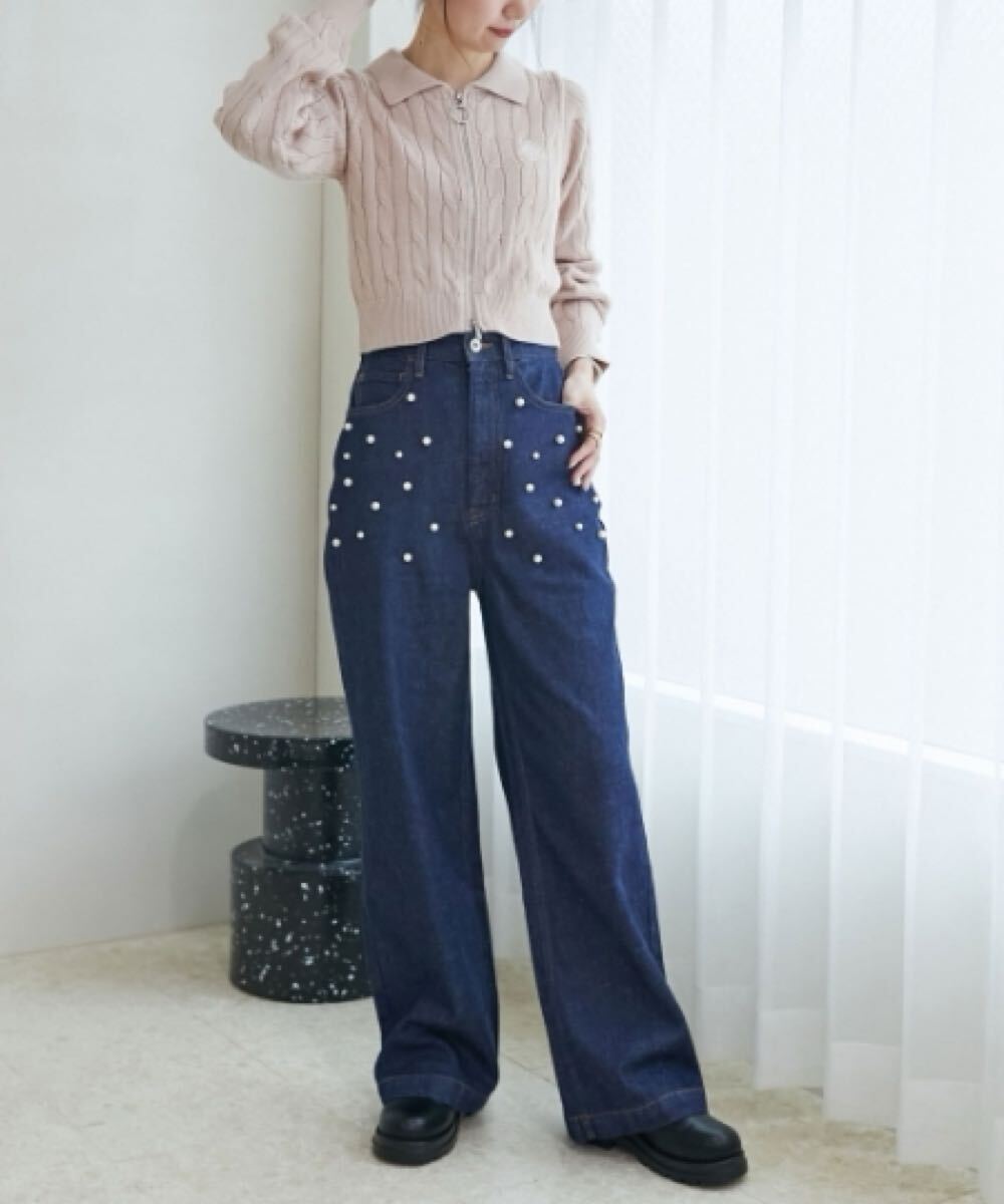 新品タグ付き マジェスティックレゴン パールワイドデニムパンツ ハイウエスト M拍卖