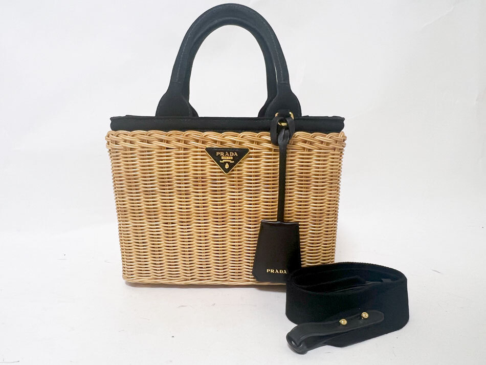 PRADA プラダ かごバッグ トートバッグ ショルダーバッグ MIDOLLINO CANAP NATURALE NER ブラック 1BG835拍卖