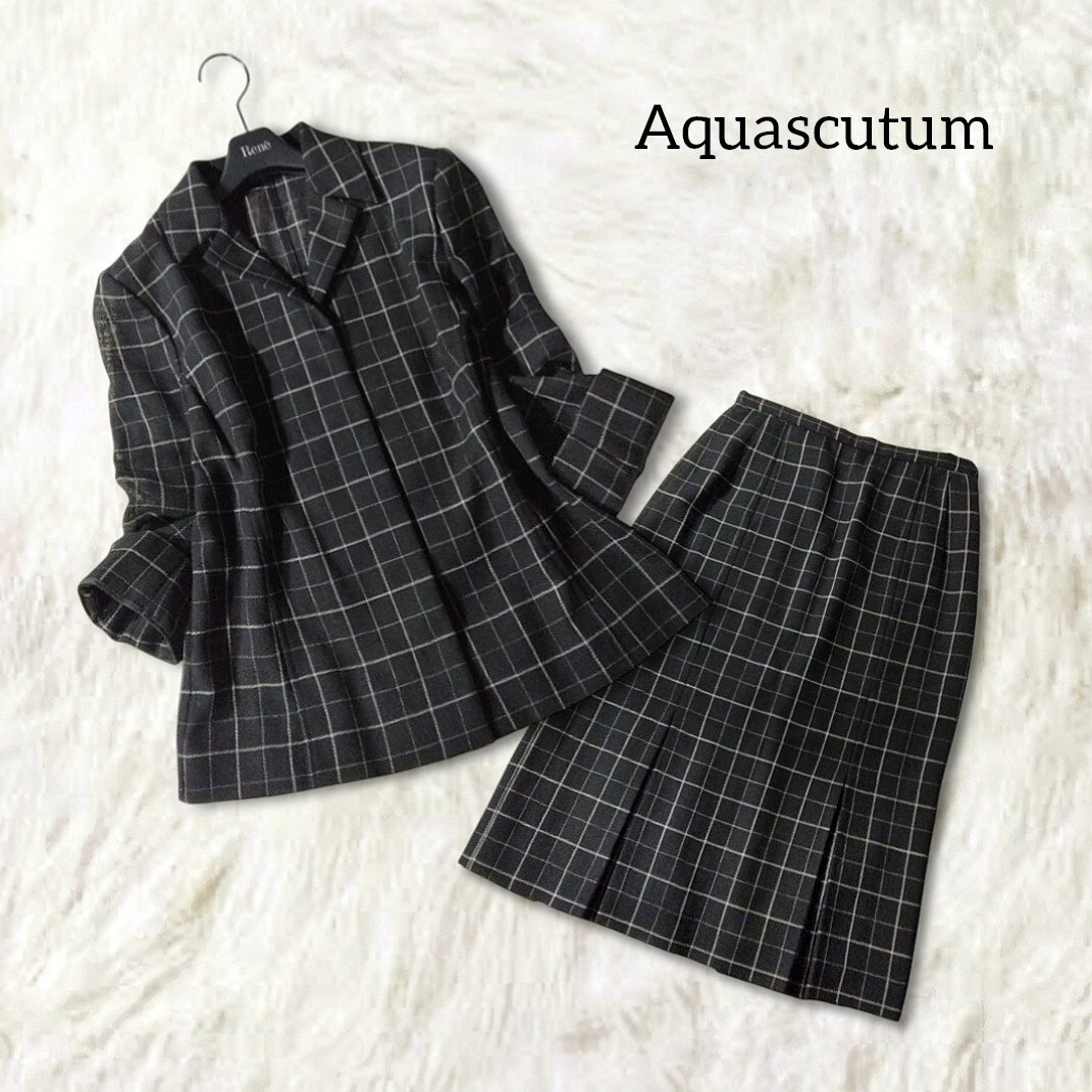 61 【Aquascutum】 アクアスキュータム スカートスーツ セットアップ 上下 9号 M ブラック チェック シアー 透け感 フォーマル ウール 秋拍卖
