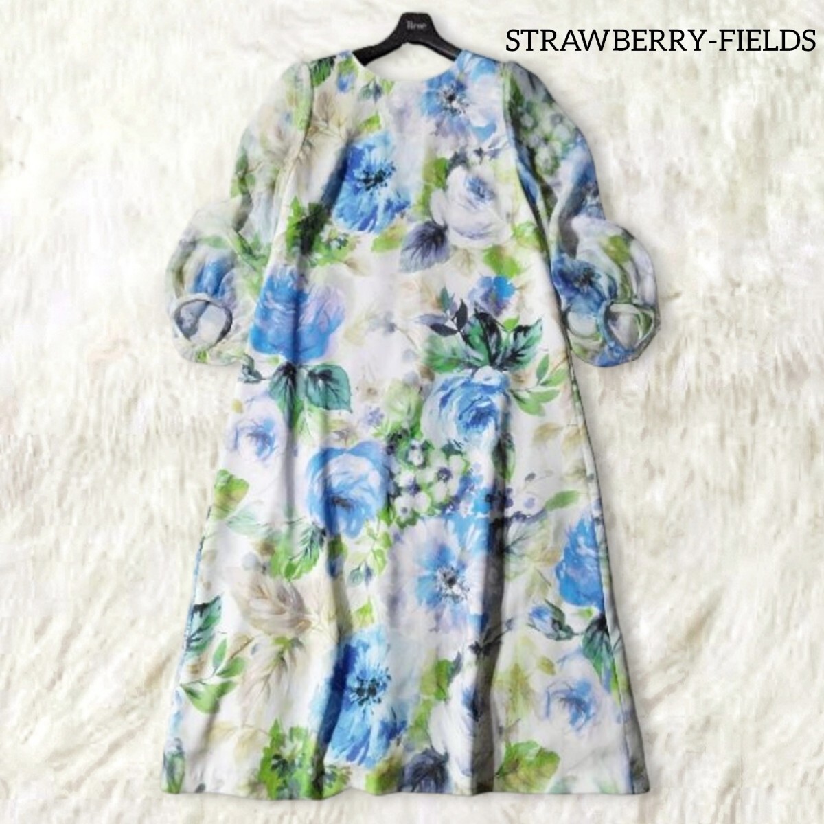 75 【STRAWBERRY-FIELDS】 ストロベリーフィールズ 花柄 ワンピース ブルー 総柄 カラフル フラワー ひざ丈 膝丈 フォーマル シアー 透け感拍卖